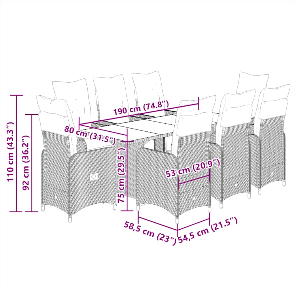 vidaXL Σετ Επίπλων Bistro Κήπου 9 τεμ. Γκρι Συνθετ. Ρατάν με Μαξιλάρια