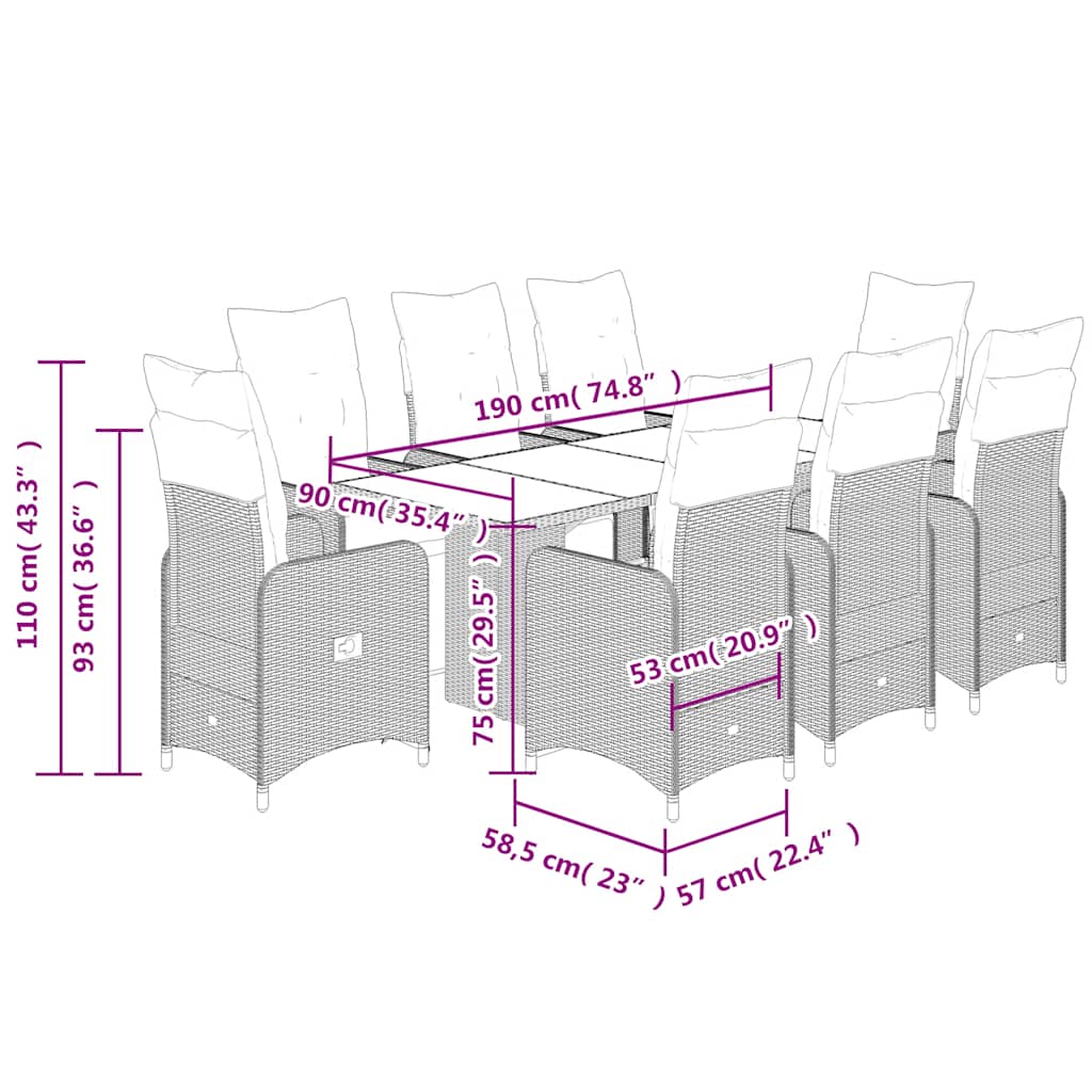 vidaXL Σετ Επίπλων Μπιστρό Κήπου 9 τεμ. Καφέ Συνθ. Ρατάν με Μαξιλάρια
