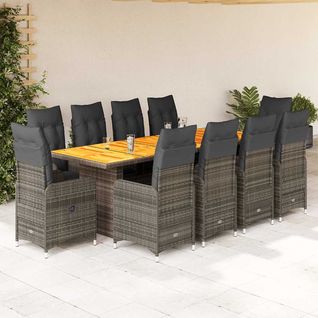 vidaXL Σετ Επίπλων Bistro Κήπου 11 τεμ Γκρι Συνθετ. Ρατάν με Μαξιλάρια