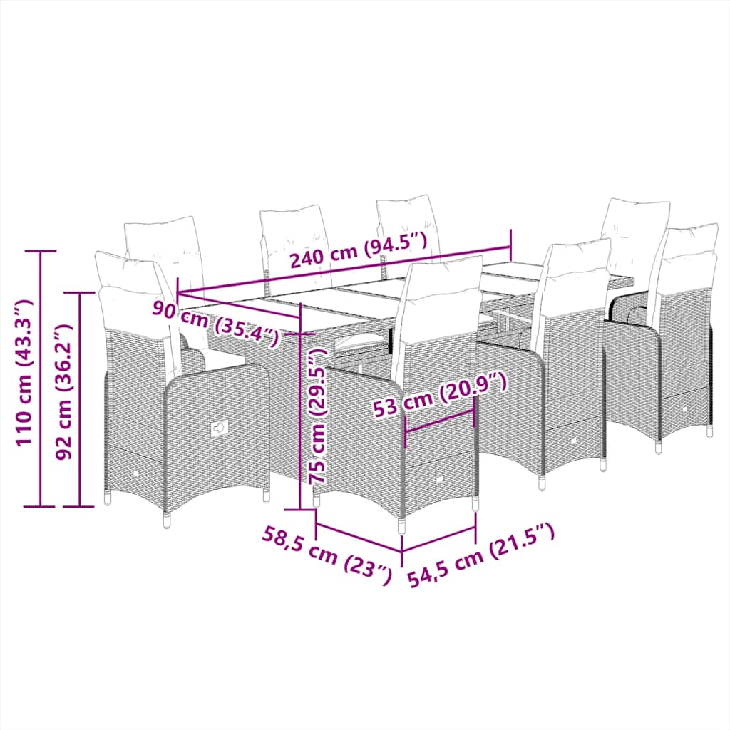 vidaXL Σετ Επίπλων Μπιστρό Κήπου 9 τεμ. Καφέ Συνθ. Ρατάν με Μαξιλάρια