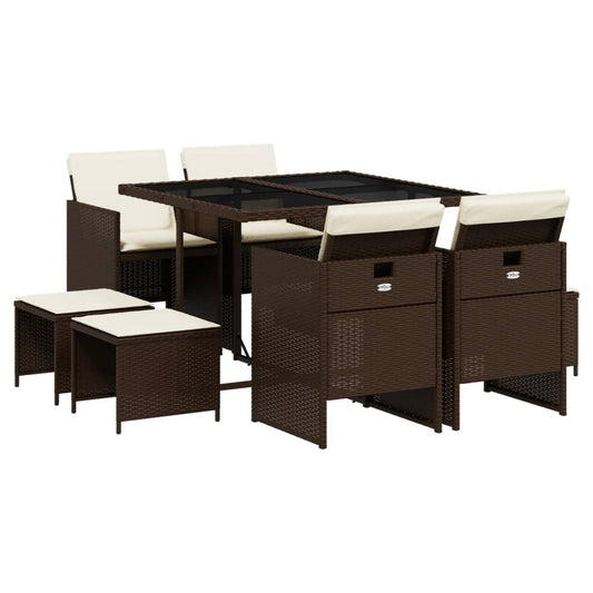 vidaXL Σετ Τραπεζαρίας Κήπου 9 τεμ. Καφέ Συνθετικό Ρατάν με Μαξιλάρια