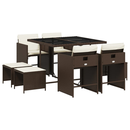 vidaXL Σετ Τραπεζαρίας Κήπου 9 τεμ. Καφέ Συνθετικό Ρατάν με Μαξιλάρια