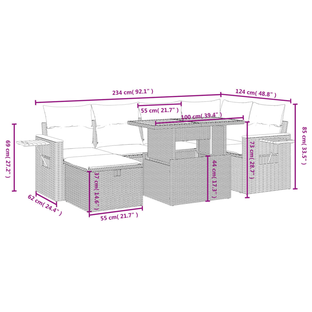vidaXL Καναπές Σετ 7 Τεμαχίων Μαύρο Συνθετικό Ρατάν με Μαξιλάρια