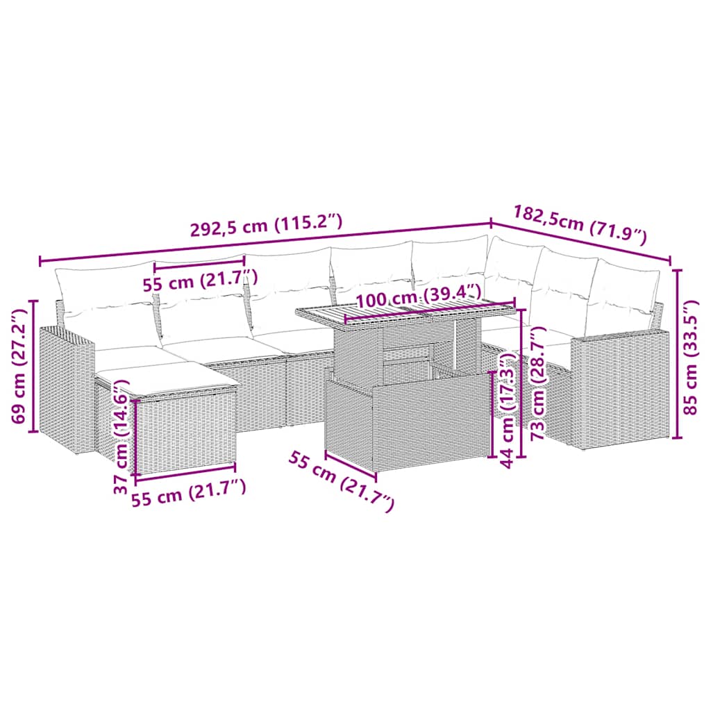 vidaXL Σαλόνι Κήπου Σετ 9 τεμ. Μπεζ Συνθετικό Ρατάν με Μαξιλάρια