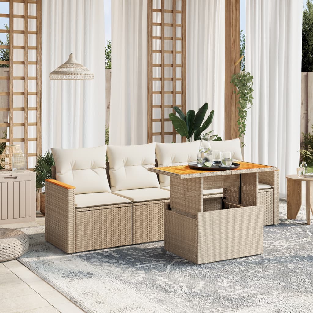 vidaXL Σετ Καναπέ Κήπου 5 τεμ. Μπεζ Συνθετικό Ρατάν με Μαξιλάρι