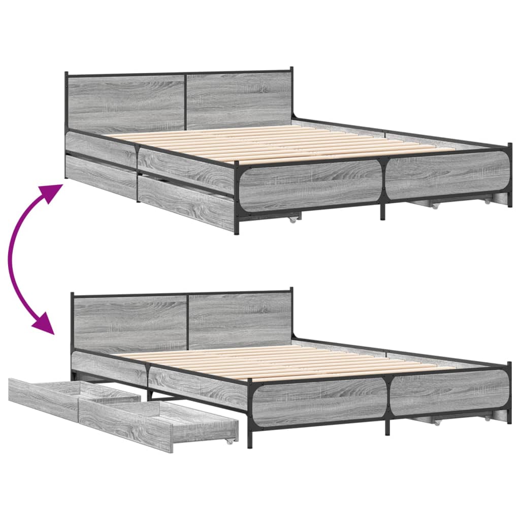 vidaXL Πλαίσιο Κρεβατιού με συρτάρια Γκρι sonoma 135x190εκ. Επεξ. Ξύλο