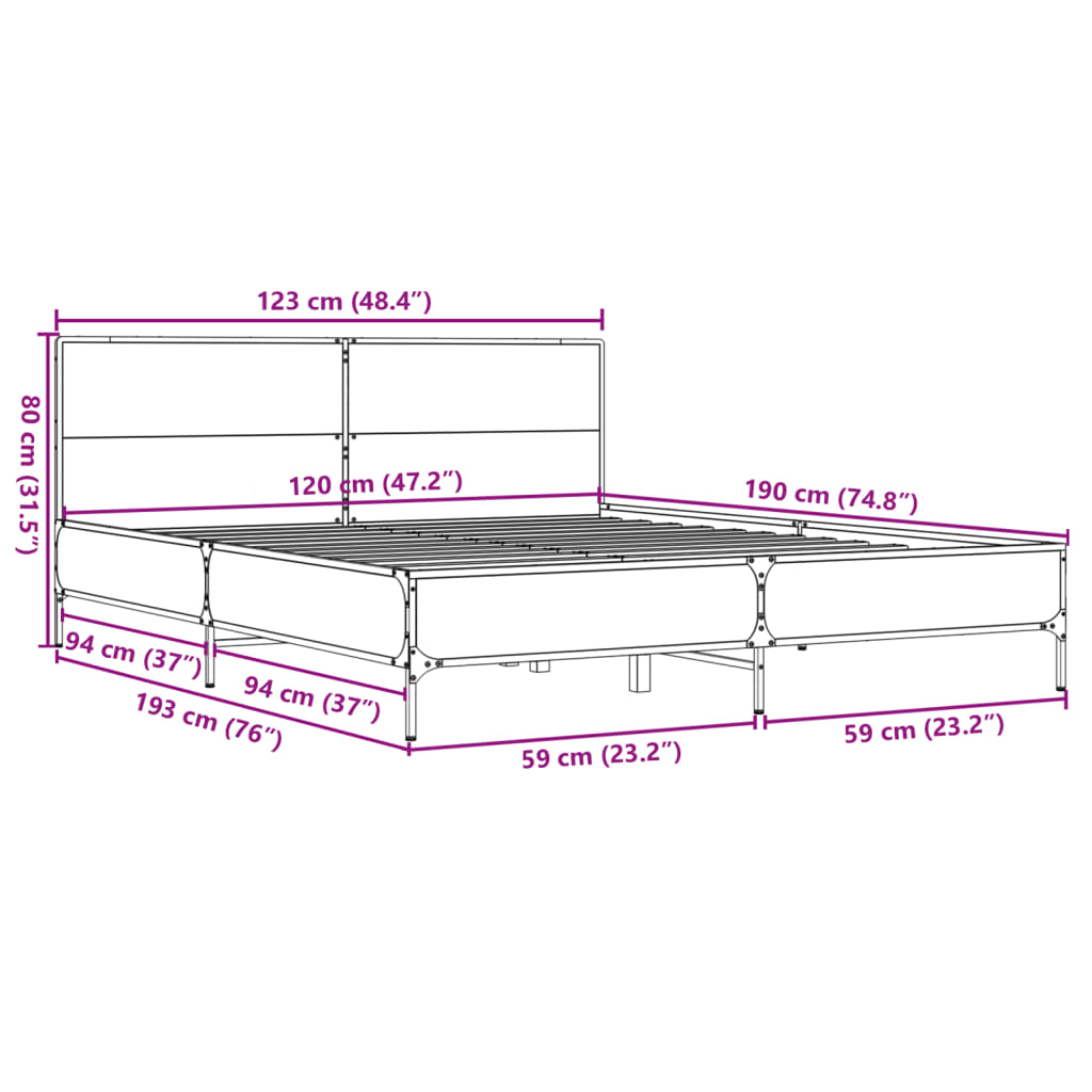 vidaXL Πλαίσιο Κρεβατιού Sonoma Δρυς 120x190 εκ. Επεξ. Ξύλο & Μέταλλο