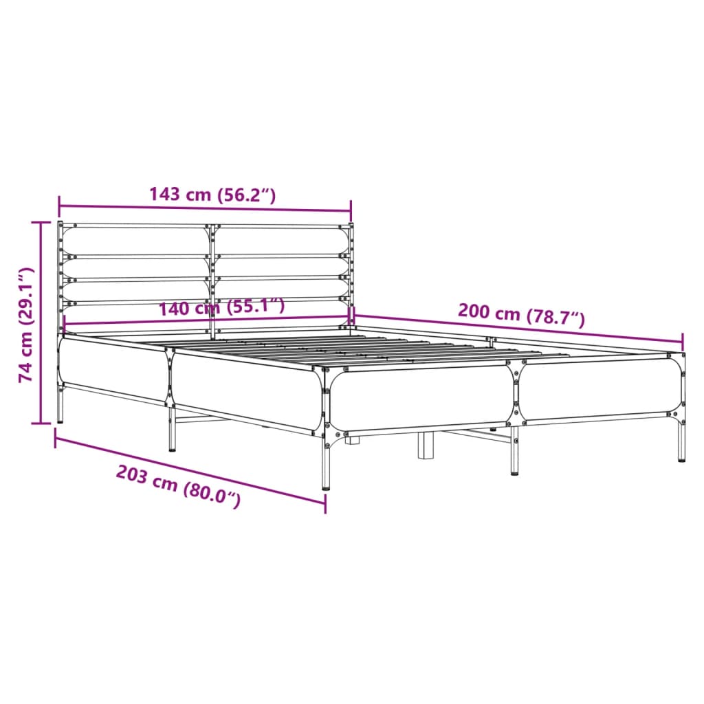 vidaXL Πλαίσιο Κρεβατιού Sonoma Δρυς 140x200 εκ. Επεξ. Ξύλο & Μέταλλο