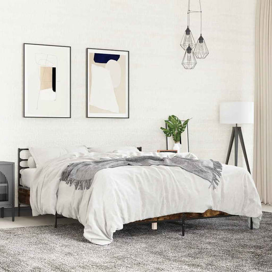 vidaXL Πλαίσιο Κρεβατιού Καπνιστή Δρυς 150x200εκ. Επεξ. Ξύλο & Μέταλλο