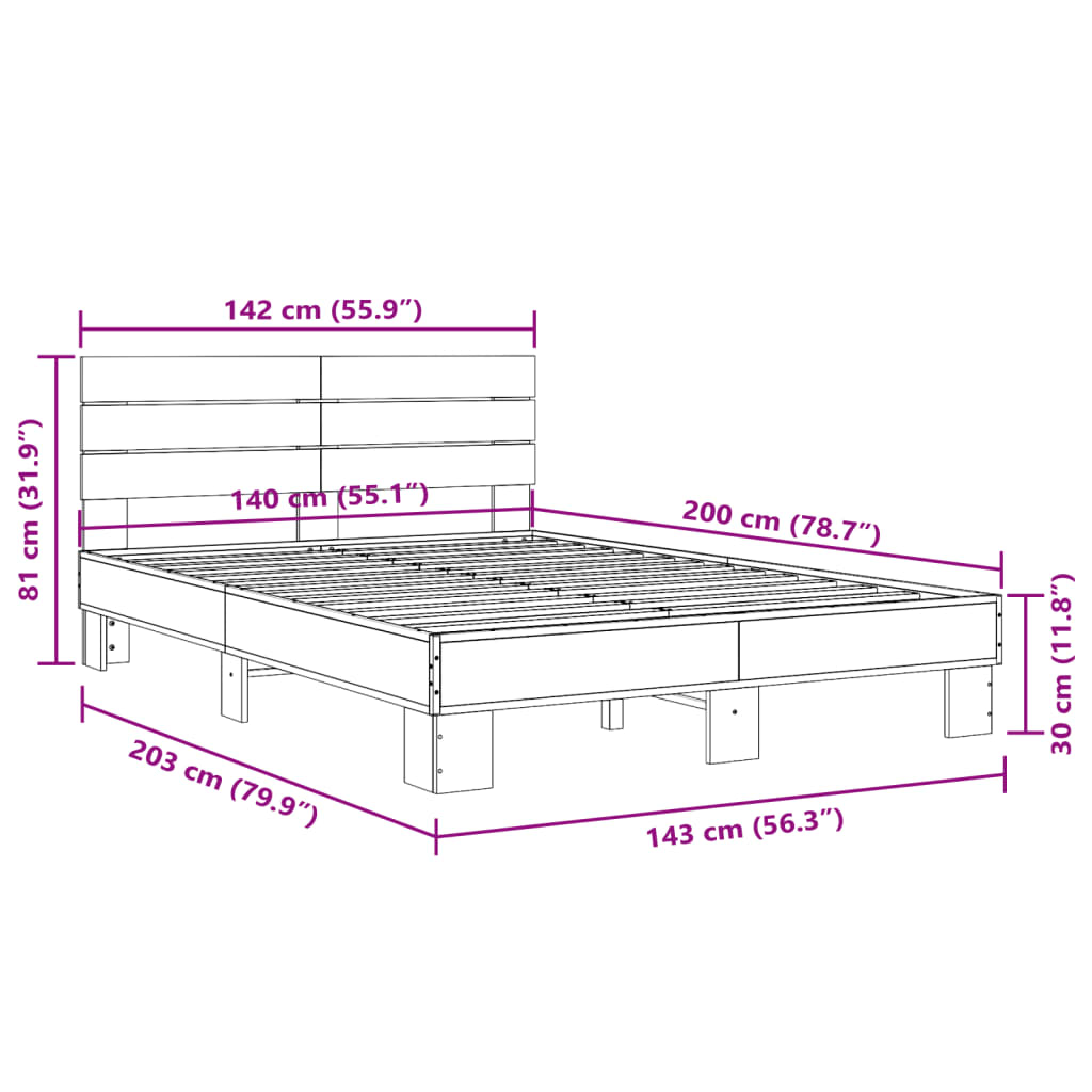 vidaXL Πλαίσιο Κρεβατιού Γκρι Sonoma 140x200 εκ. Επεξ. Ξύλο & Μέταλλο