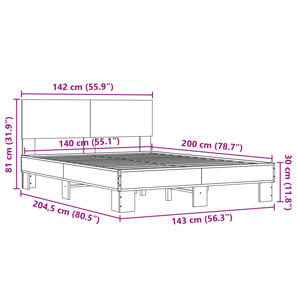 vidaXL Πλαίσιο Κρεβατιού Καπνιστή Δρυς 140x200εκ. Επεξ. Ξύλο & Μέταλλο