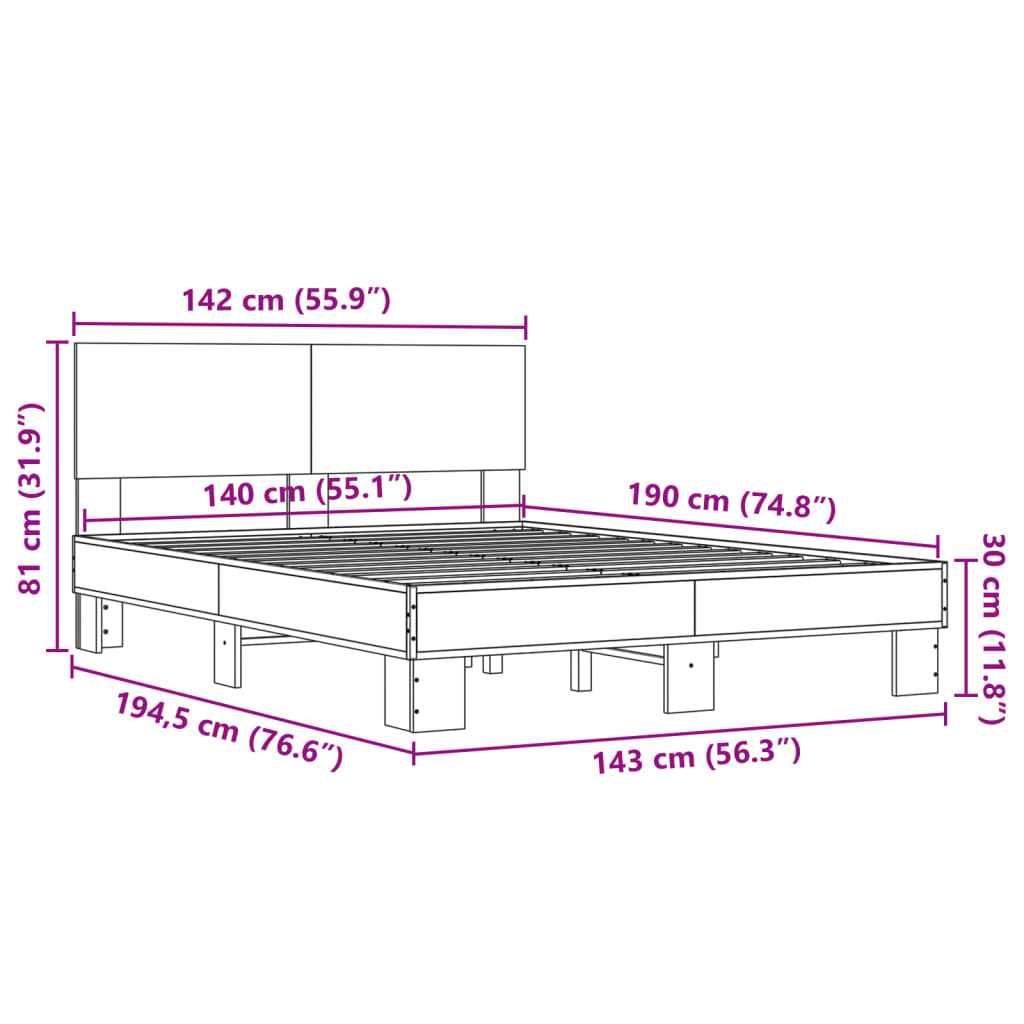 vidaXL Πλαίσιο Κρεβατιού Μαύρο 140 x 190 εκ. Επεξ. Ξύλο & Μέταλλο