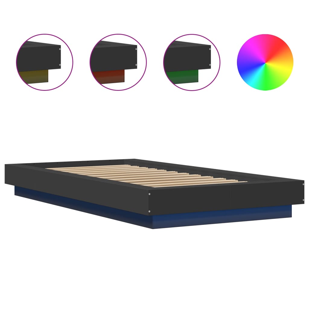 vidaXL Πλαίσιο Κρεβατιού με LED Μαύρο 90x190 εκ. Επεξ. Ξύλο