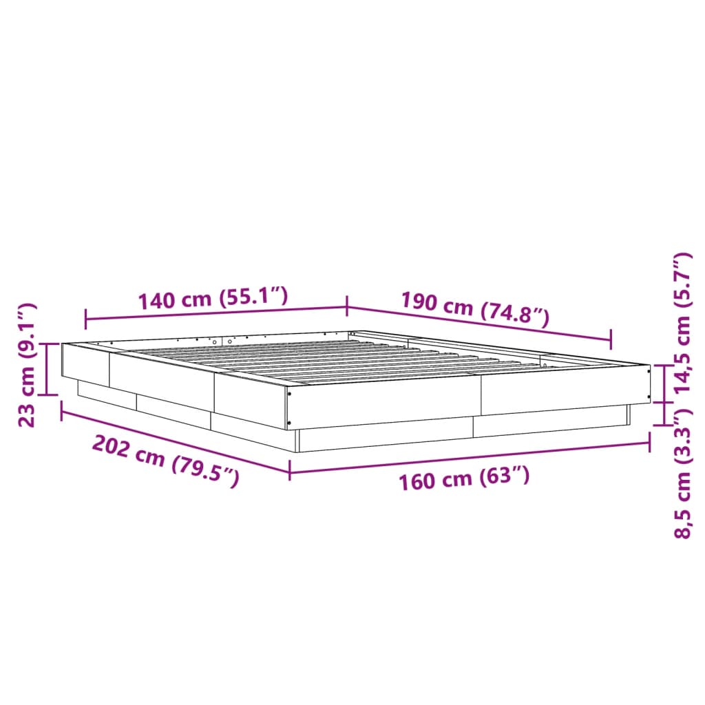 vidaXL Πλαίσιο Κρεβατιού Γκρι Σκυροδέματος 140x190 εκ. Επεξεργ. Ξύλο
