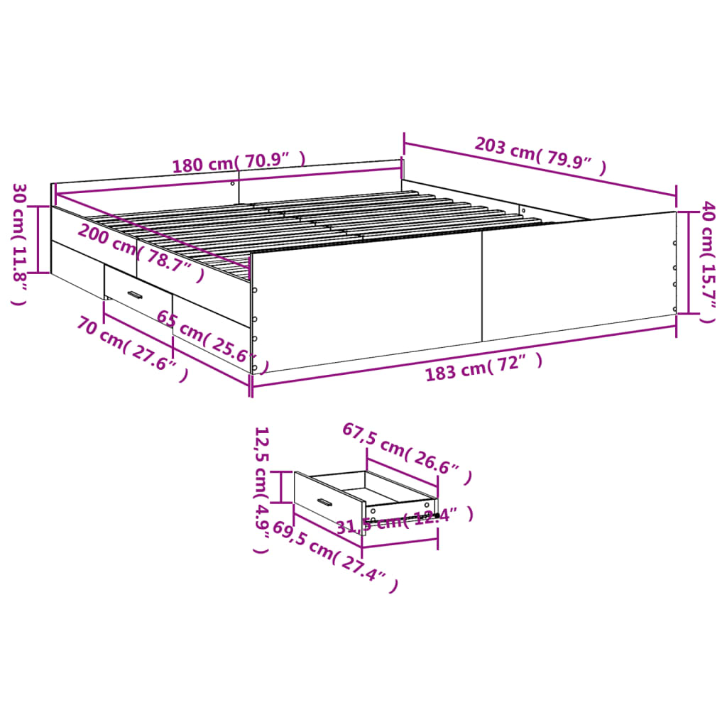 vidaXL Πλαίσιο Κρεβατιού με συρτάρια Sonoma Δρυς 180x200εκ. Επεξ. Ξύλο