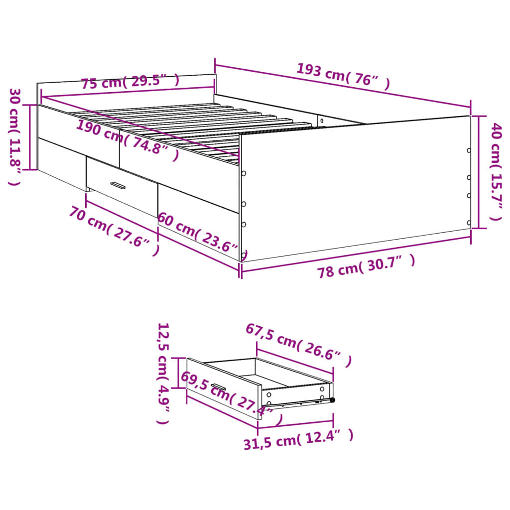vidaXL Πλαίσιο Κρεβατιού με Συρτάρια Μαύρο 75x190εκ Επεξεργασμένο Ξύλο