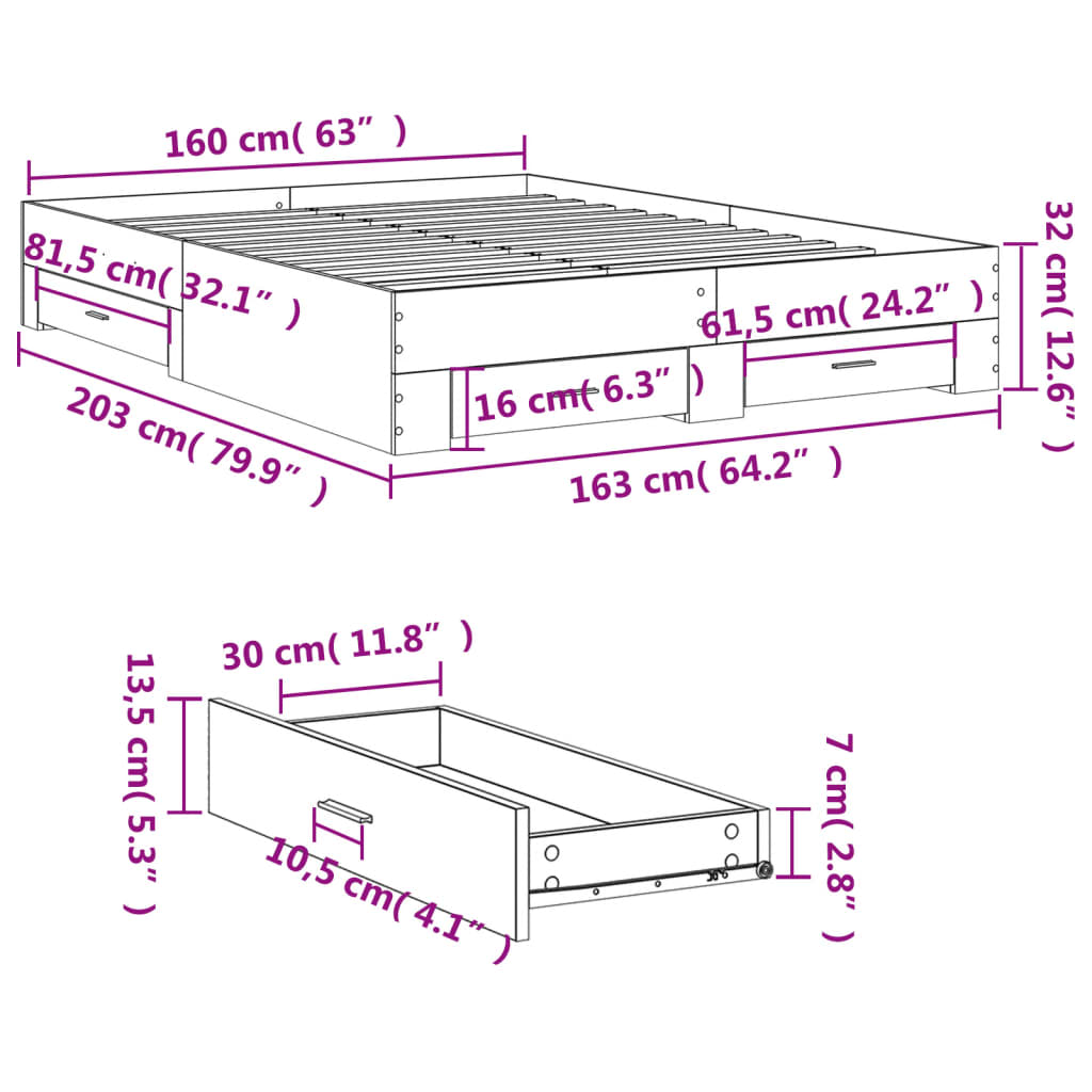 vidaXL Πλαίσιο Κρεβατιού με συρτάρια Γκρι sonoma 160x200εκ. Επεξ. Ξύλο