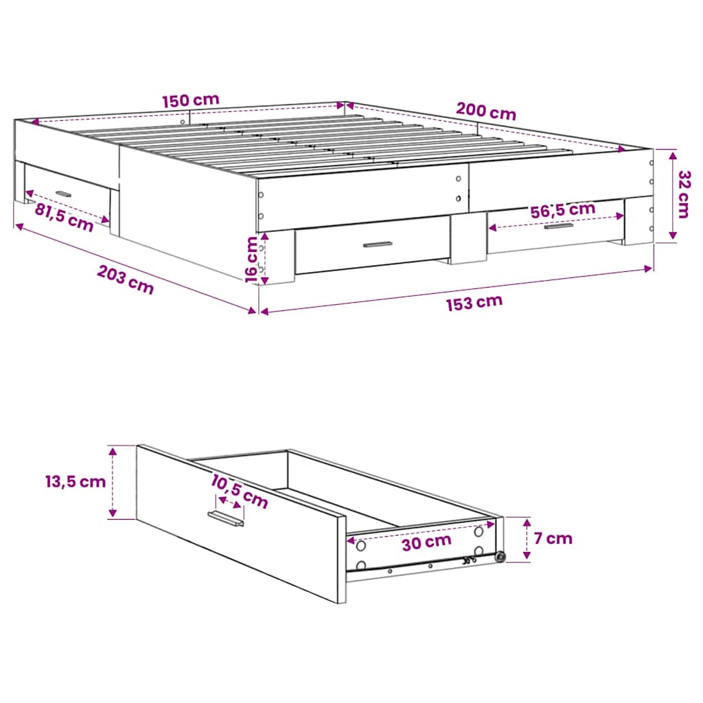 vidaXL Πλαίσιο Κρεβατιού με Συρτάρια Γκρι Sonoma 150x200εκ. Επεξ. Ξύλο