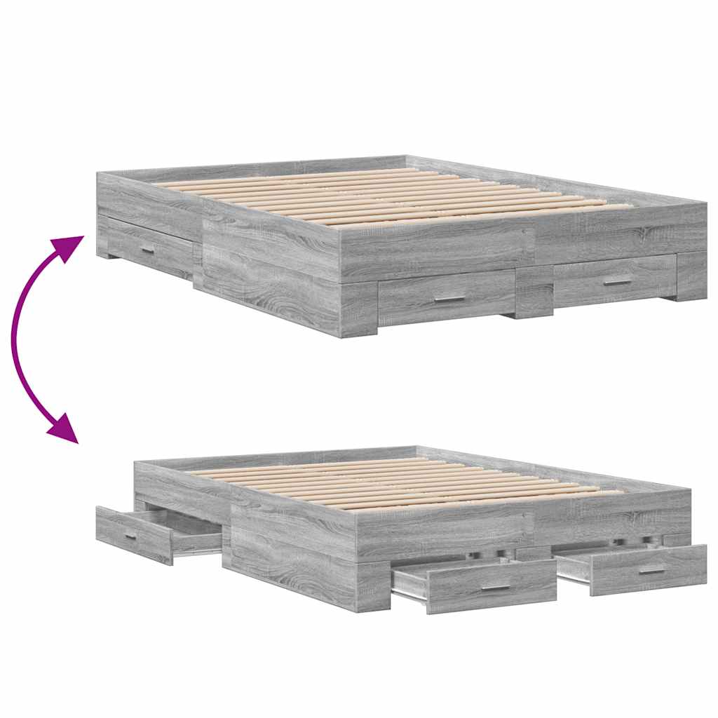 vidaXL Πλαίσιο Κρεβατιού με συρτάρια Γκρι sonoma 135x190εκ. Επεξ. Ξύλο