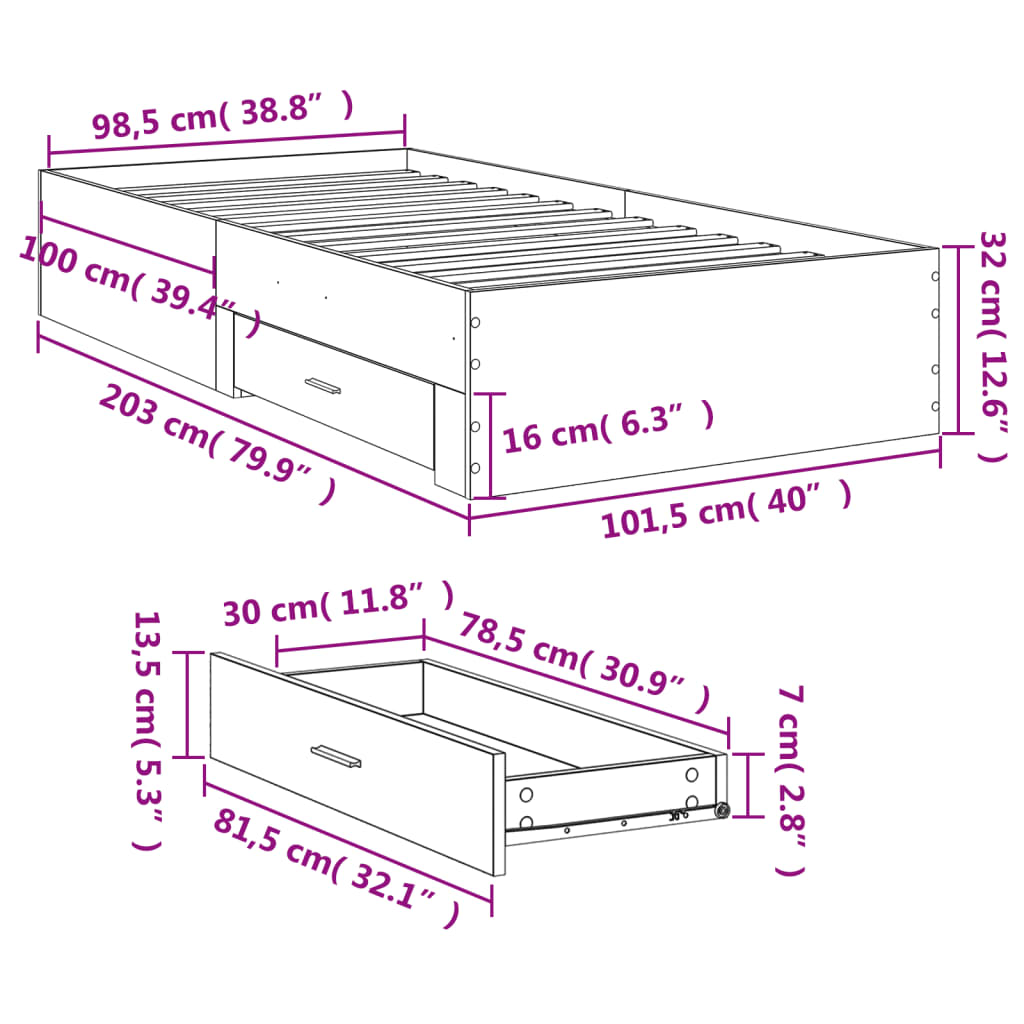 vidaXL Πλαίσιο Κρεβατιού με συρτάρια Γκρι sonoma 100x200εκ. Επεξ. Ξύλο