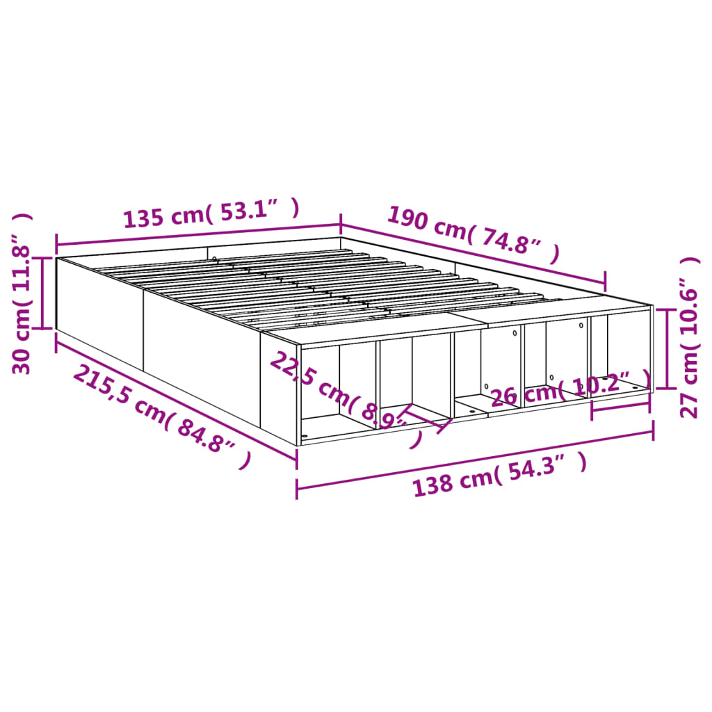vidaXL Πλαίσιο Κρεβατιού Sonoma Δρυς 135x190 εκ. Επεξεργασμένο Ξύλο