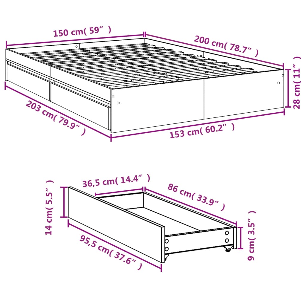 vidaXL Πλαίσιο Κρεβατιού με Συρτάρια Γκρι Sonoma 150x200εκ. Επεξ. Ξύλο