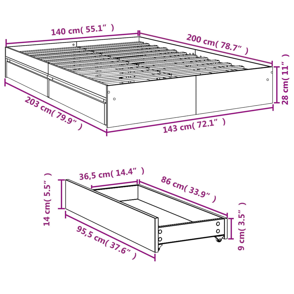 vidaXL Πλαίσιο Κρεβατιού με συρτάρια Sonoma Δρυς 140x200εκ. Επεξ. Ξύλο