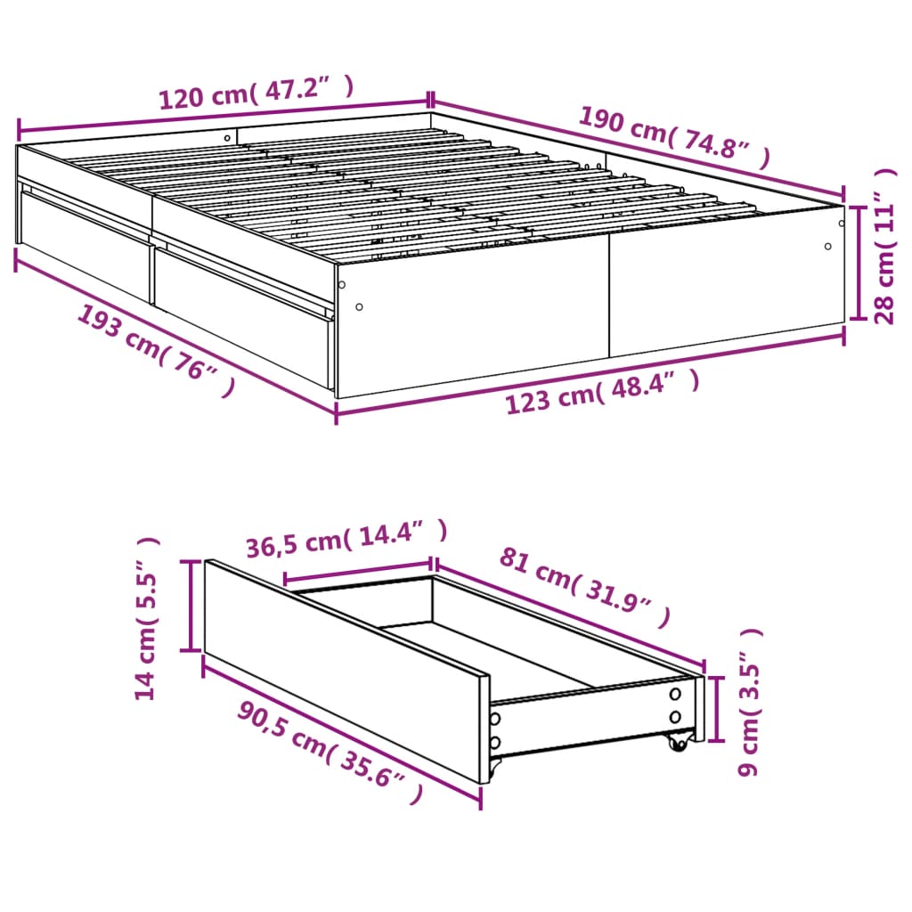 vidaXL Πλαίσιο Κρεβατιού με συρτάρια Sonoma Δρυς 120x190εκ. Επεξ. Ξύλο