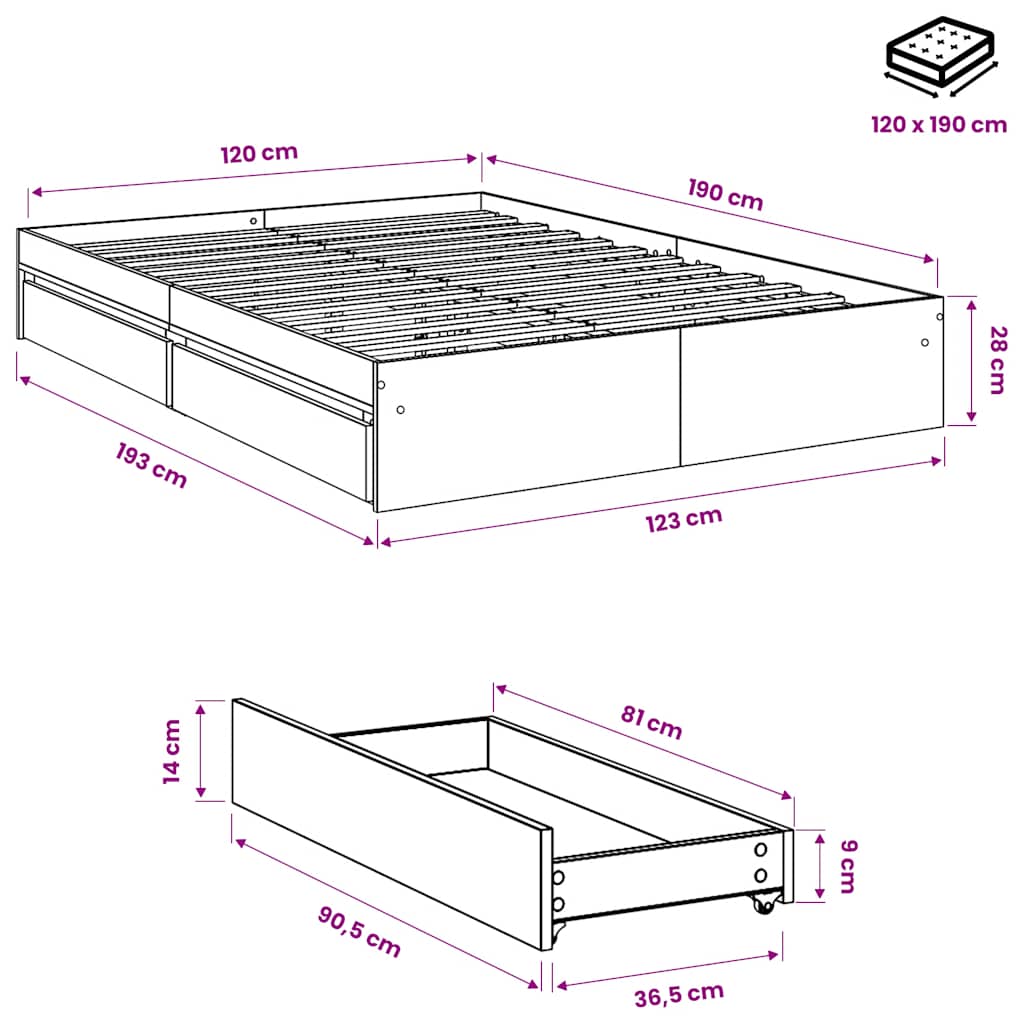 vidaXL Πλαίσιο Κρεβατιού με συρτάρια Γκρι sonoma 120x190εκ. Επεξ. Ξύλο