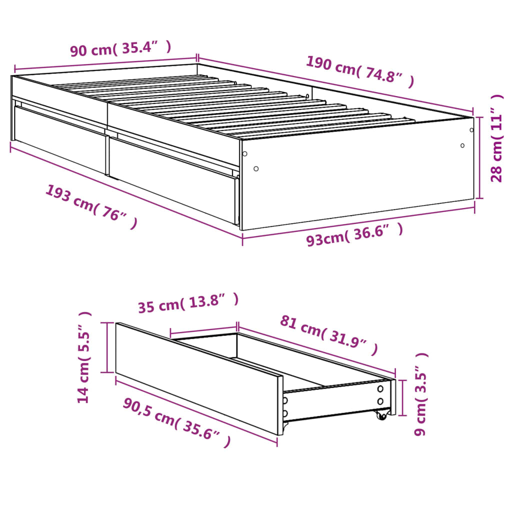 vidaXL Πλαίσιο Κρεβατιού με Συρτάρια Sonoma Δρυς 90x190εκ. Επεξ. Ξύλο