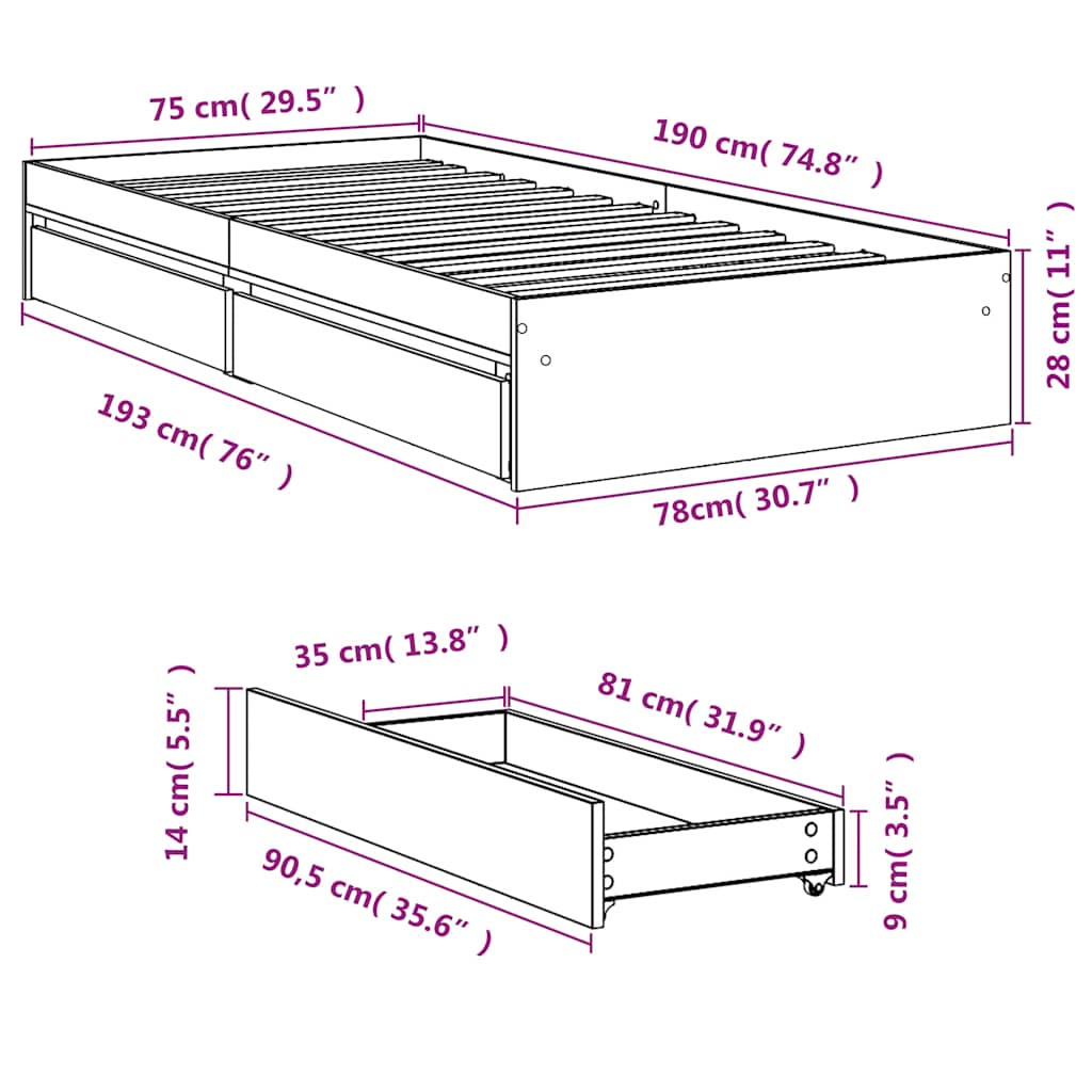 vidaXL Πλαίσιο Κρεβατιού με Συρτάρια Μαύρο 75x190εκ Επεξεργασμένο Ξύλο
