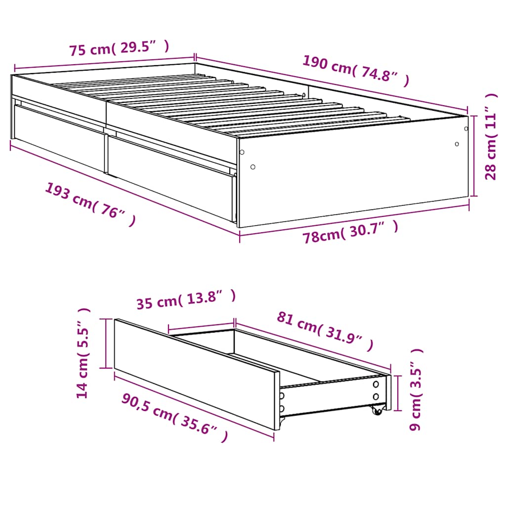 vidaXL Πλαίσιο Κρεβατιού με Συρτάρια Sonoma Δρυς 75x190 εκ. Επεξ. Ξύλο
