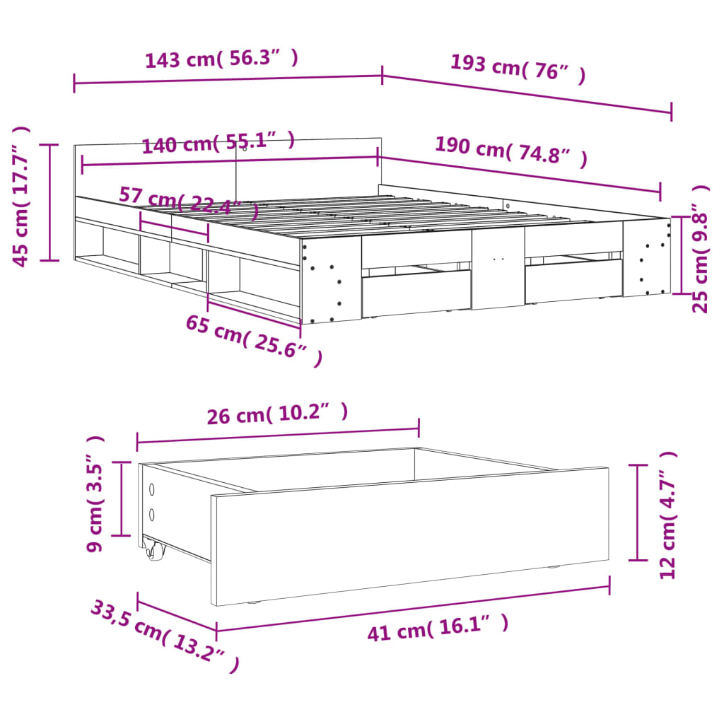 vidaXL Πλαίσιο Κρεβατιού με συρτάρια Γκρι sonoma 140x190εκ. Επεξ. Ξύλο