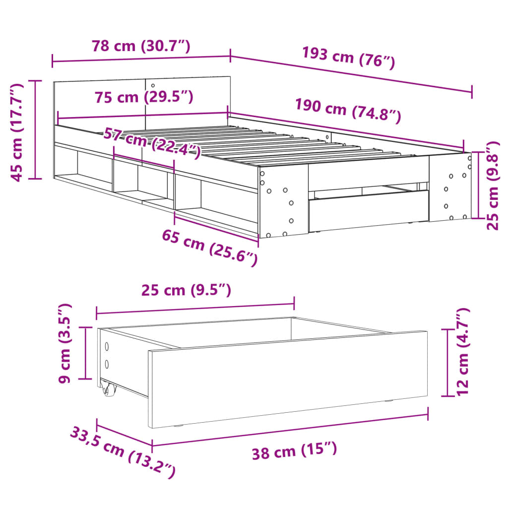 vidaXL Πλαίσιο Κρεβατιού με Συρτάρια Sonoma Δρυς 75x190 εκ. Επεξ. Ξύλο