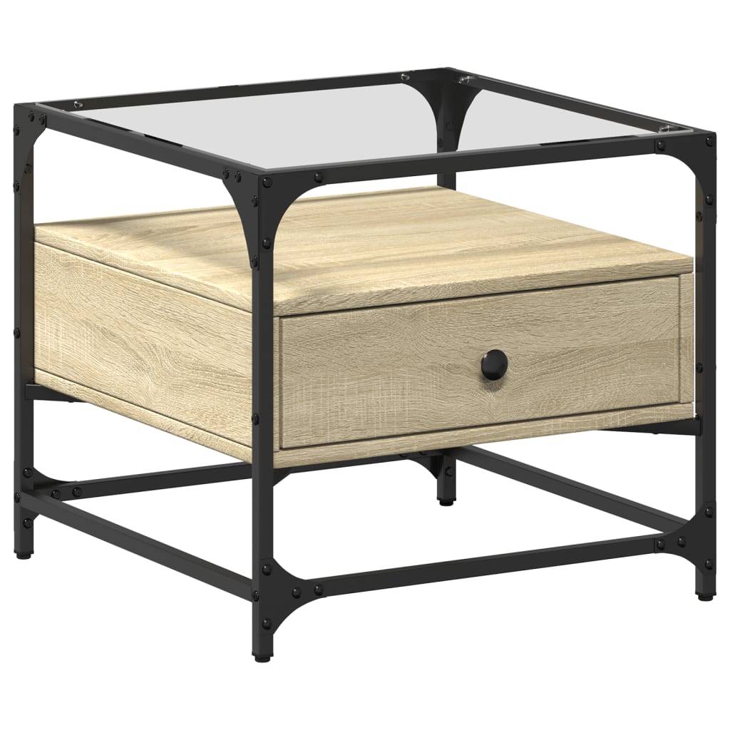 vidaXL Τραπεζάκι Σαλονιού Γυάλινη Επιφ. Sonoma Δρυς 50x50x45εκ. Ατσάλι