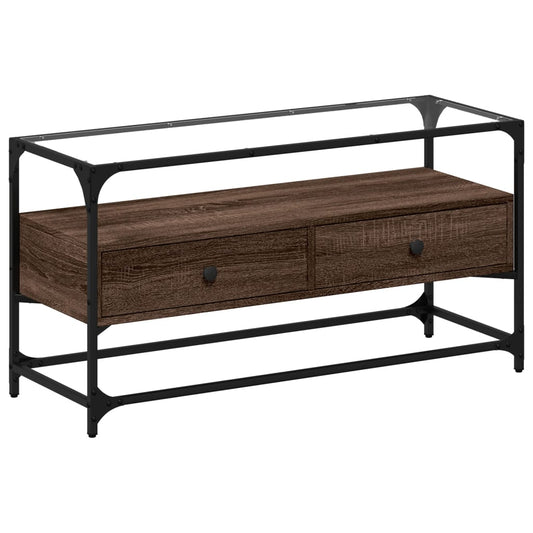 vidaXL Έπιπλο Τηλεόρασης Γυάλ Επιφάνεια Καφέ Δρυς 98x35x51εκ Επ Ξύλο