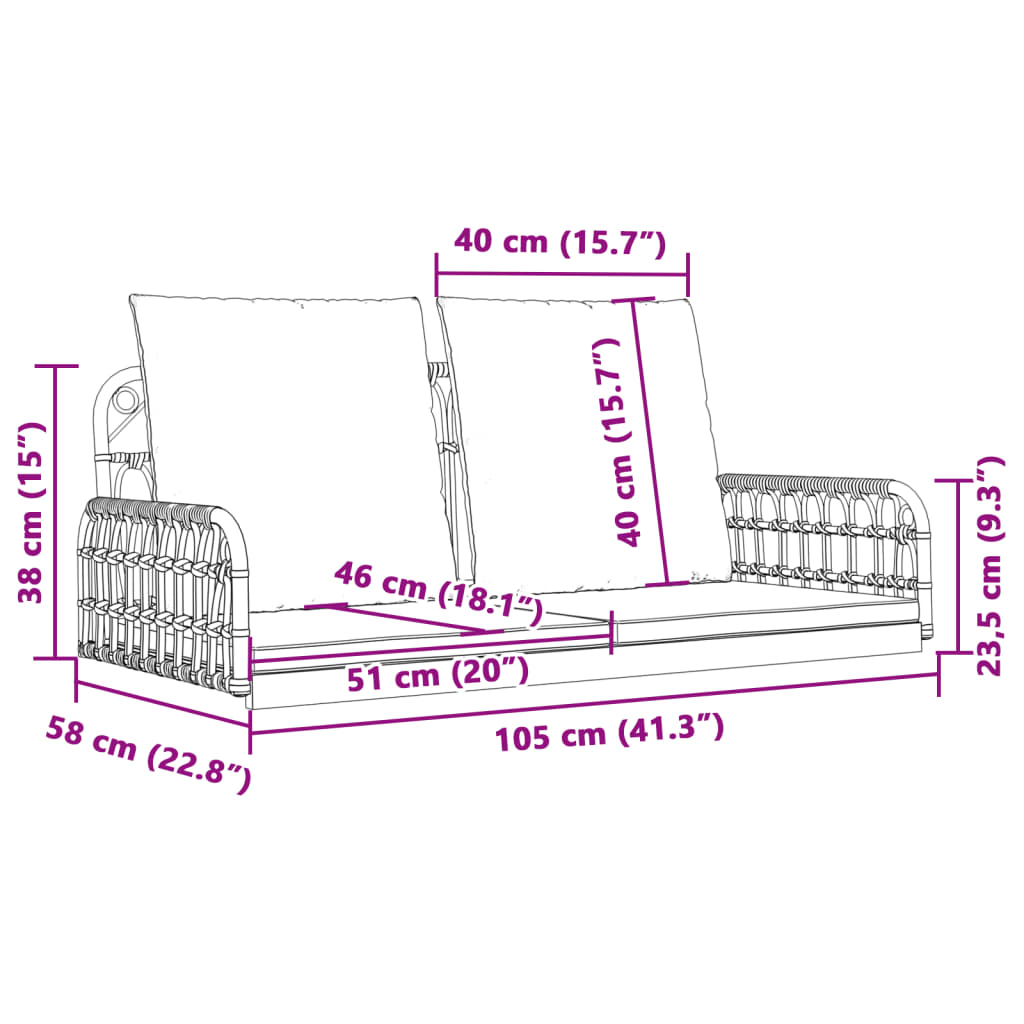 vidaXL Παγκάκι Κούνια 105x58x38 εκ. Συνθ. Ρατάν & Ατσάλι με Μαξιλάρια
