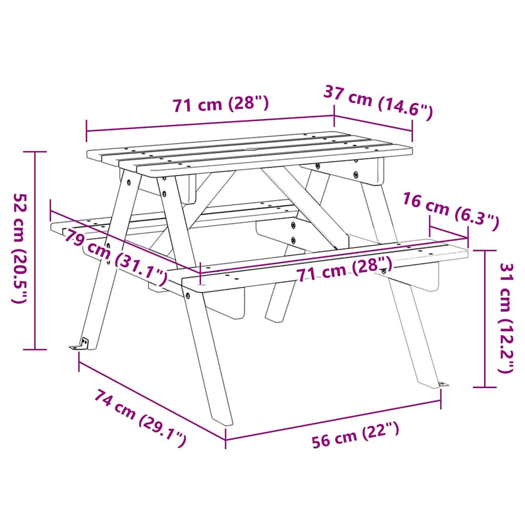 vidaXL Τραπέζι Πικνίκ για 4 Παιδιά με Οπή Ομπρέλας Μασίφ Ξύλο Ελάτης