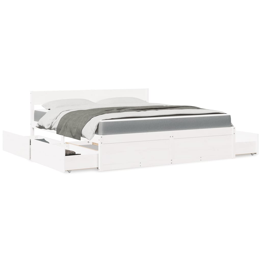 vidaXL Κρεβάτι με Συρτάρια+Στρώμα Λευκό 180x200 εκ. Μασίφ Ξύλο Πεύκου