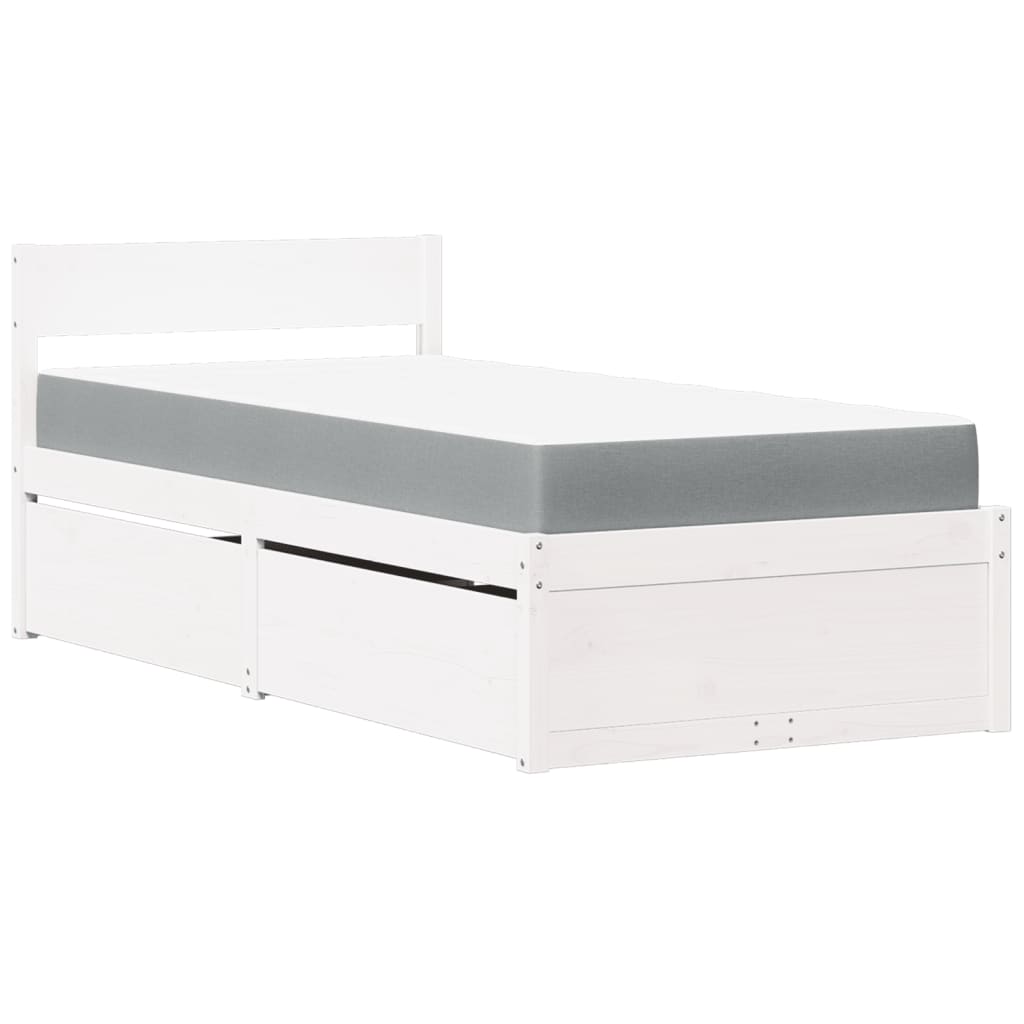 vidaXL Κρεβάτι με Συρτάρια+Στρώμα Λευκό 100x200 εκ. Μασίφ Ξύλο Πεύκου