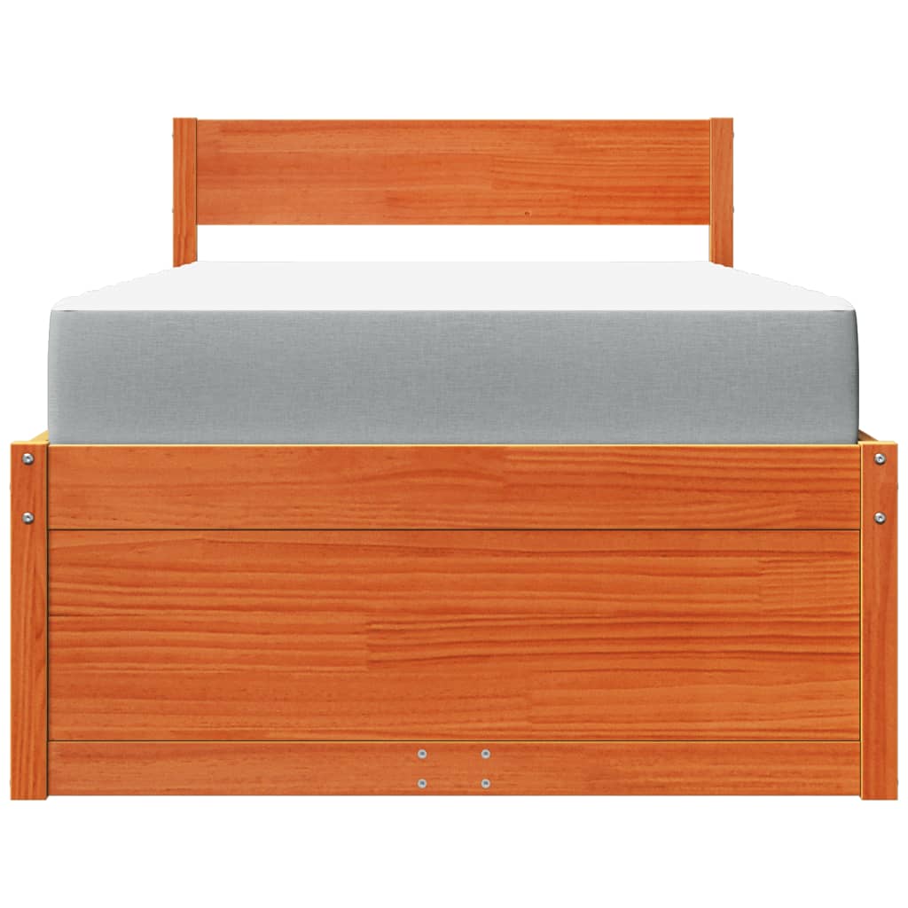 vidaXL Κρεβάτι με Συρτάρια+Στρώμα Καφέ 90x190 εκ. Μασίφ Ξύλο Πεύκου