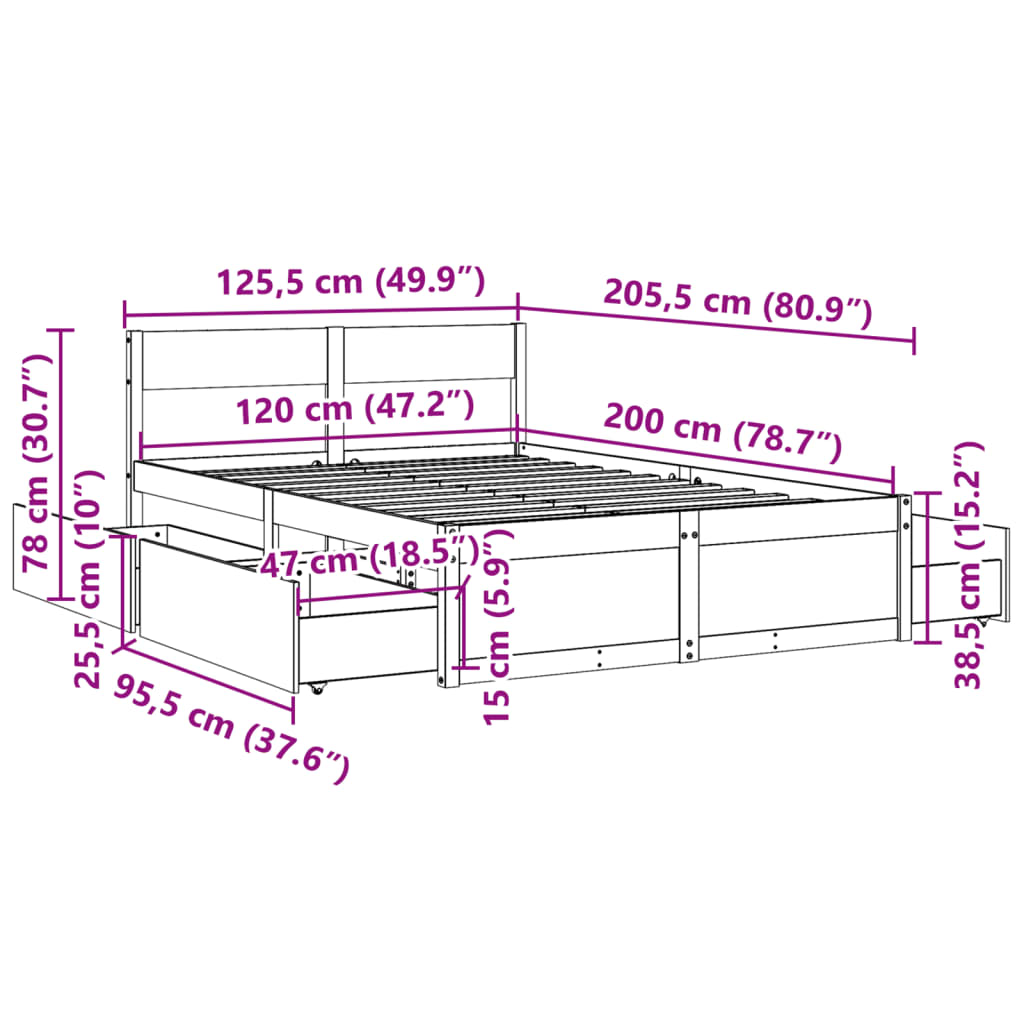 vidaXL Σκελετός Κρεβατιού Χωρίς Στρώμα 120x200 εκ Μασίφ Ξύλο Πεύκου