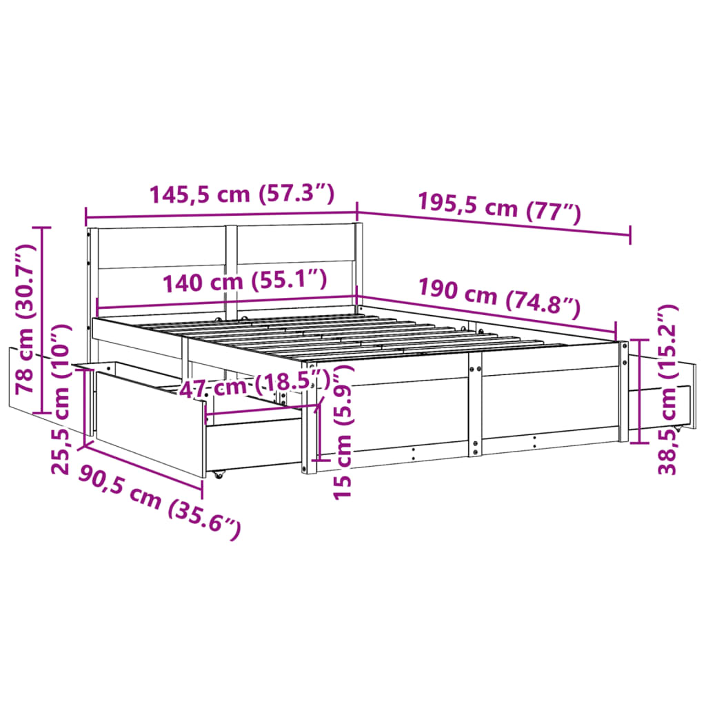 vidaXL Σκελετός Κρεβατιού Χωρίς Στρώμα Καφέ 140x190 Μασίφ Ξύλο Πεύκου