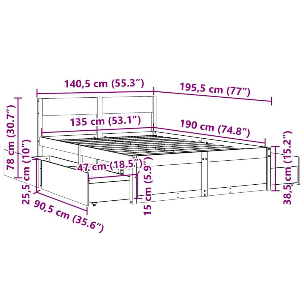 vidaXL Σκελετός Κρεβατιού Χωρίς Στρώμα 135x190 εκ Μασίφ Ξύλο Πεύκου