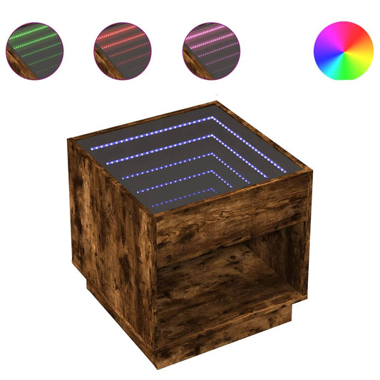 vidaXL Τραπεζάκι Σαλονιού Άπειρο Φως LED Καπνιστή Δρυς 50x50x50 εκ.