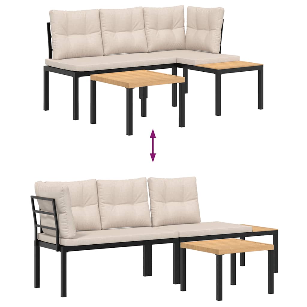 vidaXL Παγκάκια Κήπου Σετ 3 τεμ Μαύρα Ατσάλι Ηλεκτρ. Βαφή με Μαξιλάρια