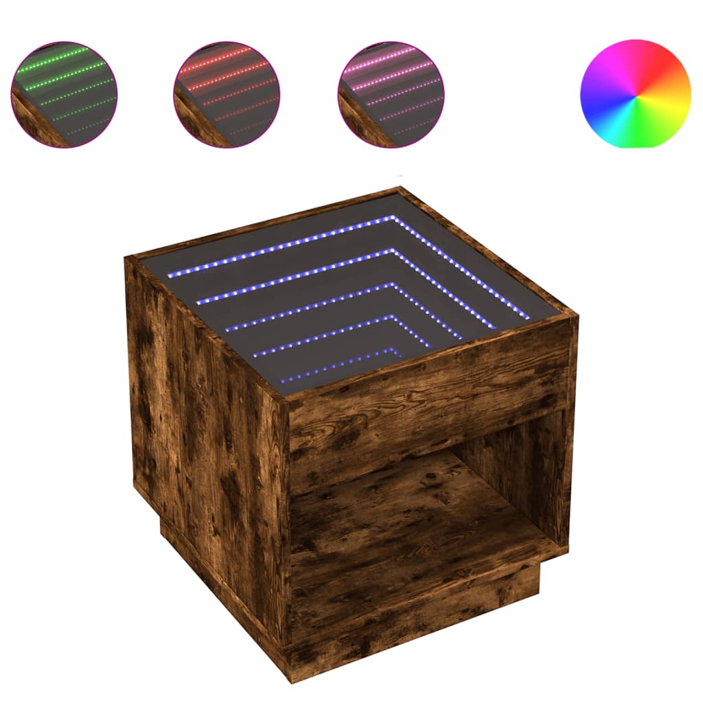 vidaXL Κομοδίνο Άπειρο Φως LED Καπνιστή Δρυς 50x50x50 εκ.