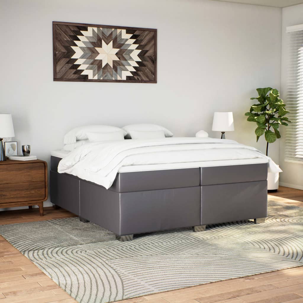vidaXL Κρεβάτι Boxspring με Στρώμα Γκρι 200x200 εκ. Συνθετικό Δέρμα