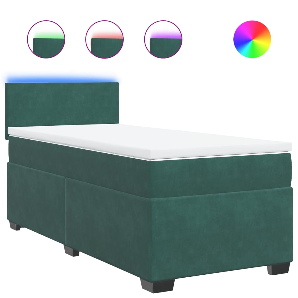 vidaXL Κρεβάτι Boxspring με Στρώμα Σκούρο Πράσινο 90x200 εκ. Βελούδινο