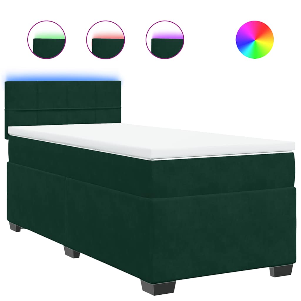 vidaXL Κρεβάτι Boxspring με Στρώμα Σκούρο Πράσινο 90x200 εκ. Βελούδινο